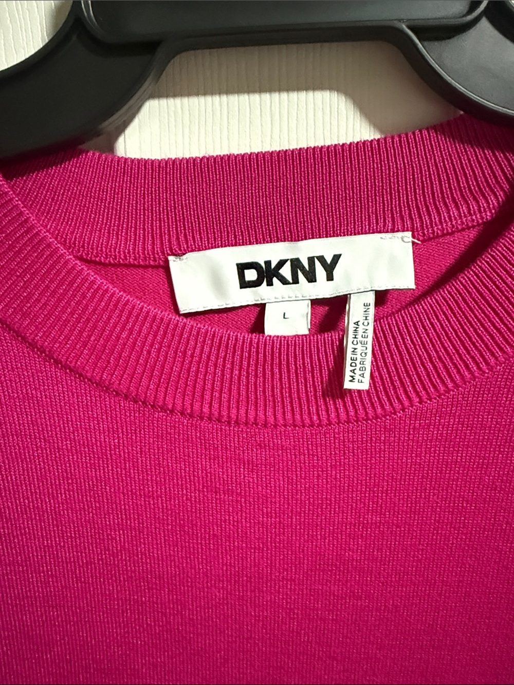 DKNY Women's Bright Fuchsia Crewneck Sweater with Logo Trim - Picture 3 of 3